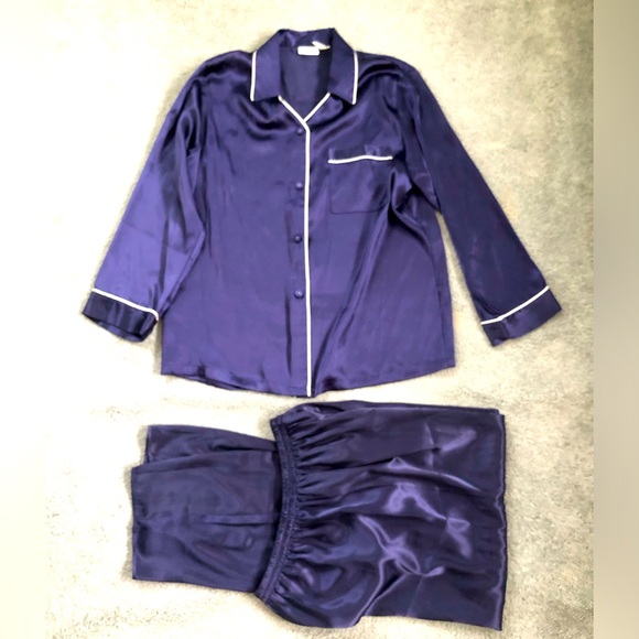 La Senza classic navy blue satin white piping pjs pajamas top pants M Medium 2pc - Picture 1 of 2